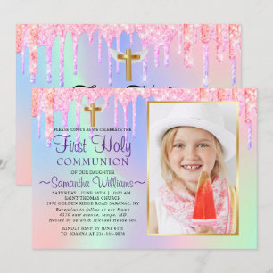 Glitter Drips Holographic Photo First Communion Invitation