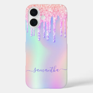 Glitter drips holographic unicorn rainbow name iPhone 16 case