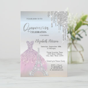 Glitter Drips,Lavander Dress,Eiffel Quinceañera  Invitation