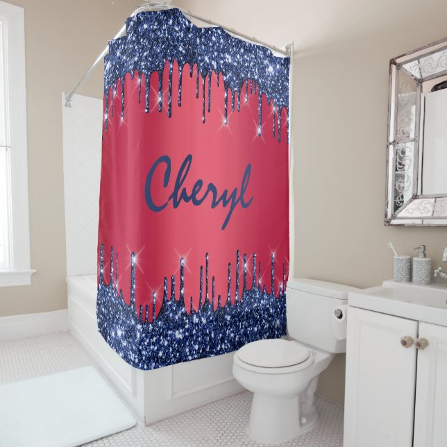 Glitter Drips Name Blue Navy Princess Red Ruby Shower Curtain (In Situ)