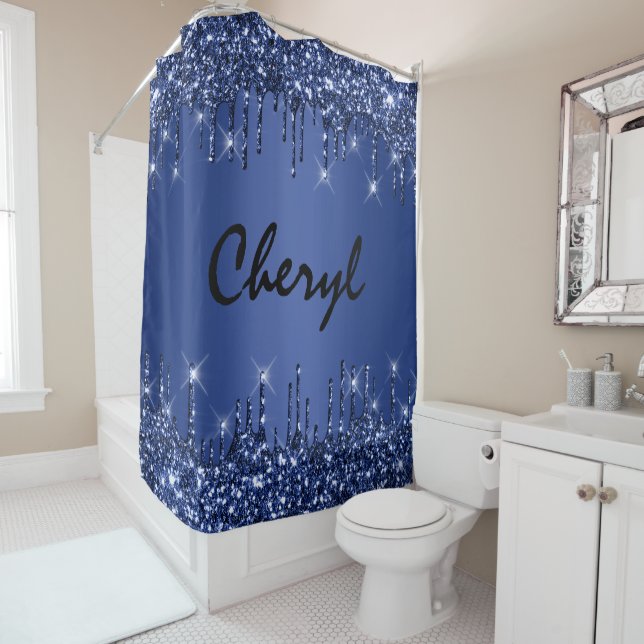 Glitter Drips Name Blue Navy Princess Sweet 16th Shower Curtain (In Situ)