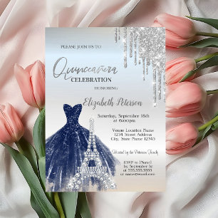 Glitter Drips,Navy Blue Dress,Eiffel Quinceañera  Invitation