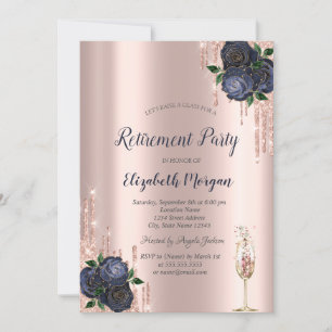 Glitter Drips,Navy Blue Roses Retirement   Invitation