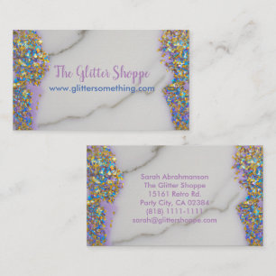 Glitter Drips on Marble White Rainbow Colours Business Card