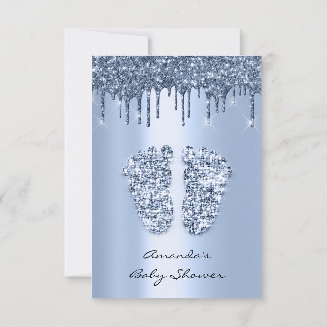 Glitter Drips Pastel Blue Baby Boy Shower Feet   Invitation (Back)