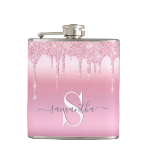 Glitter Drips Pink Personalised Flask