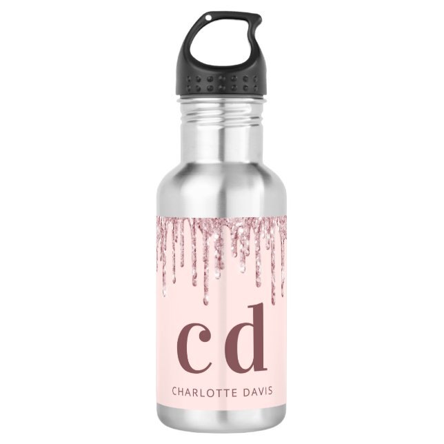 Glitter drips pink rose gold custom monogram name 532 ml water bottle (Front)