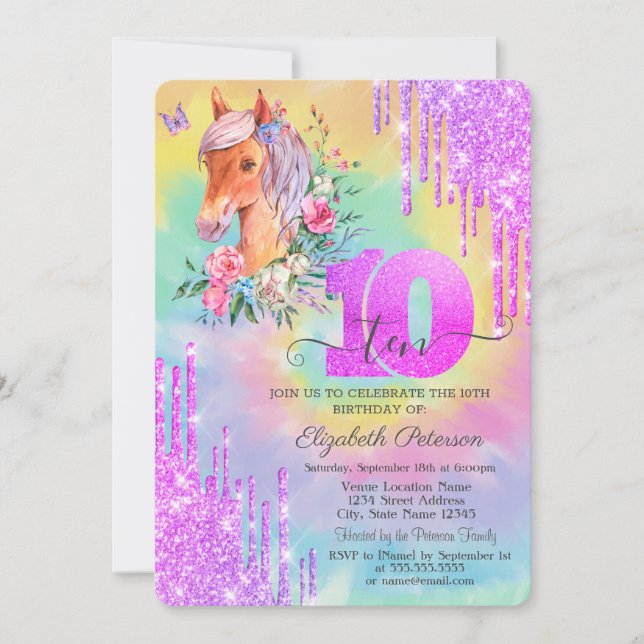 Glitter Drips Pony Tie Dye 10th Birthday  Invitation (Front)