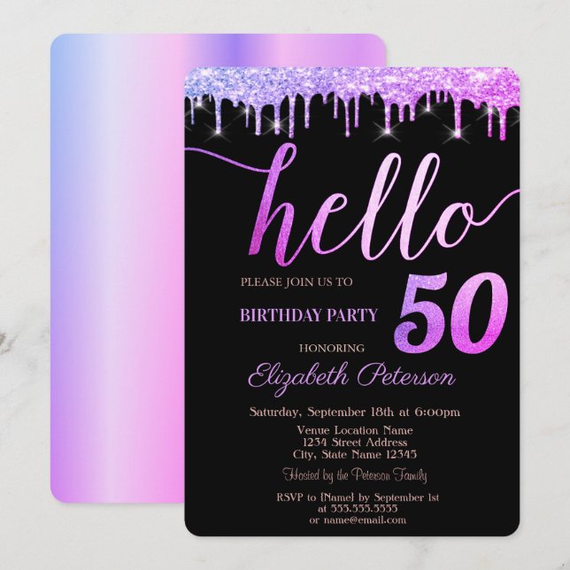 Glitter Drips Purple 50th Birthday Party Invitation (Front/Back)