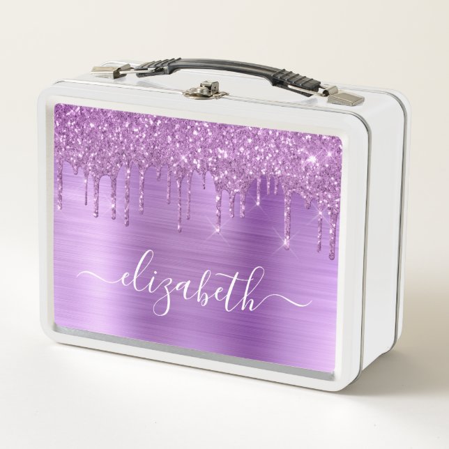 Glitter Drips Purple Personalised Metal Lunch Box (Front)