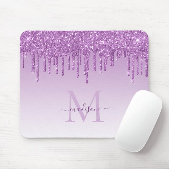 Glitter Drips Purple Plum Sparkle Monogram Elegant Mouse Mat (With Mouse)