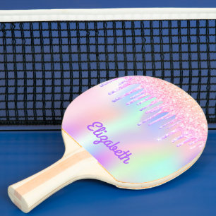 Glitter drips rainbow unicorn coloured pink name ping pong paddle