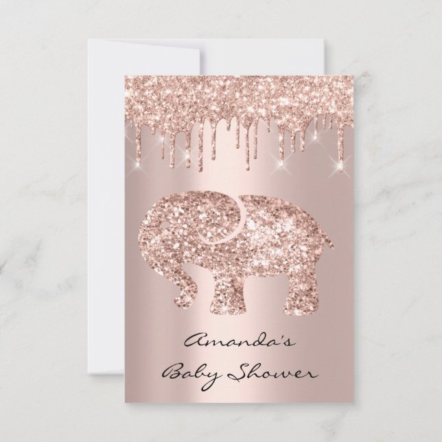 Glitter Drips Rose Baby Girl Boy Shower Elephant Invitation (Back)