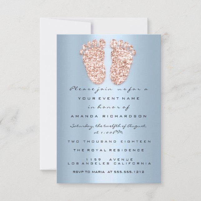 Glitter Drips Rose Blue Baby Shower Feet Foot Invitation (Front)