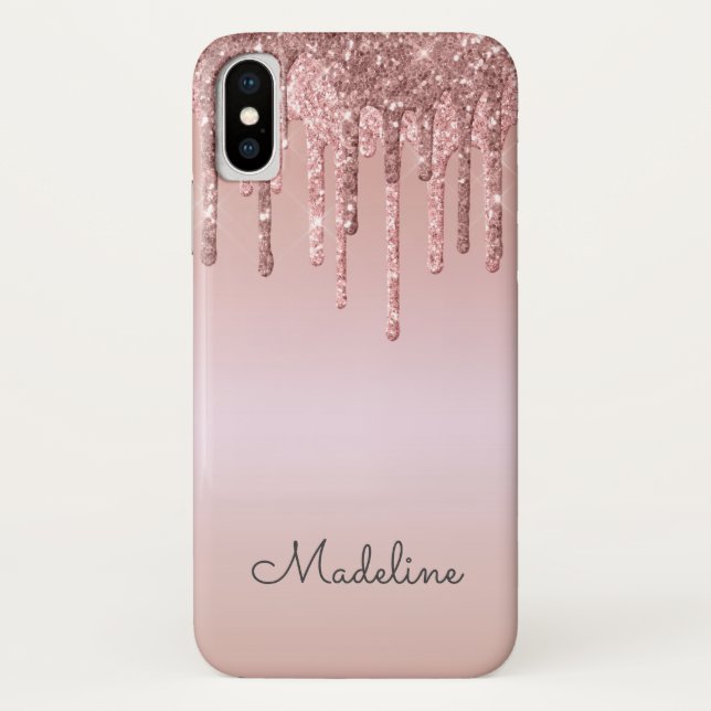 Glitter Drips Rose Blush Pink Black Script Name Case-Mate iPhone Case (Back)