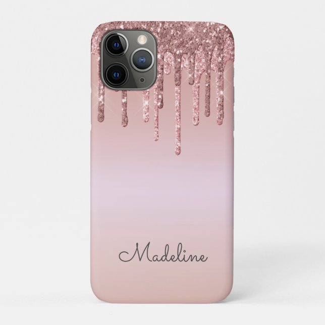 Glitter Drips Rose Blush Pink Black Script Name Case-Mate iPhone Case (Back)