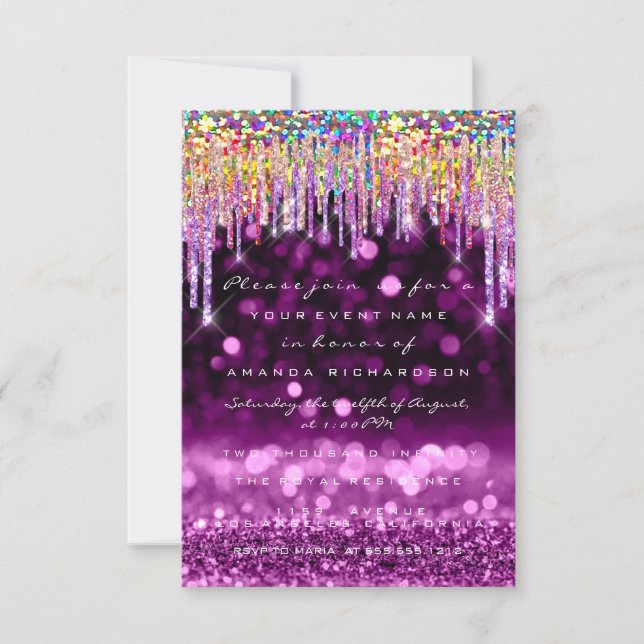 Glitter Drips Rose Bridal 16th Rainbow Purple Invitation (Front)