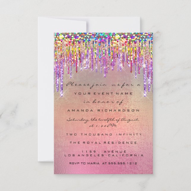 Glitter Drips Rose Bridal 16th Rainbow Unicorn Invitation (Front)