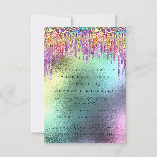 Glitter Drips Rose Bridal 16th Unicorn Holograph Invitation (Front)