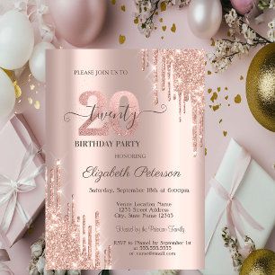 Glitter Drips Rose Gold 20th Birthday Party Invitation