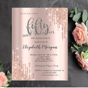 Glitter Drips Rose Gold 50th Birthday Party Invitation
