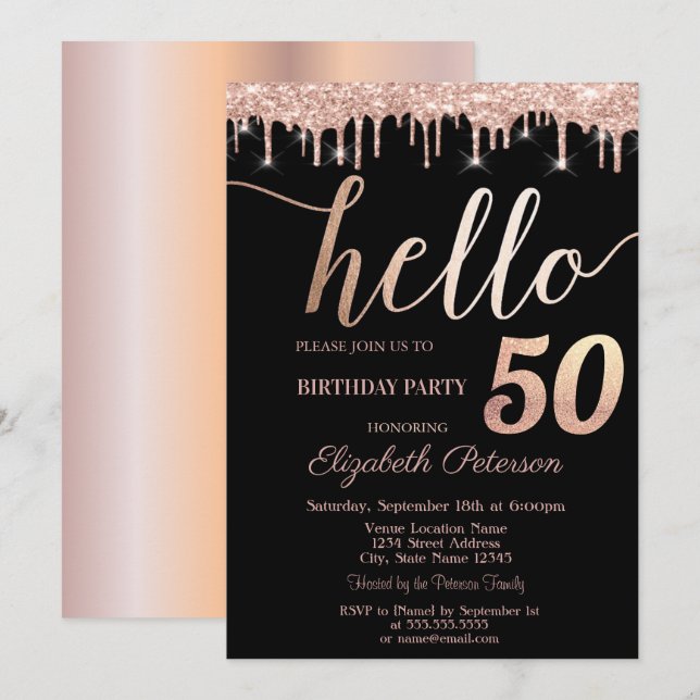 Glitter Drips Rose Gold 50th Birthday Party Invitation (Front/Back)