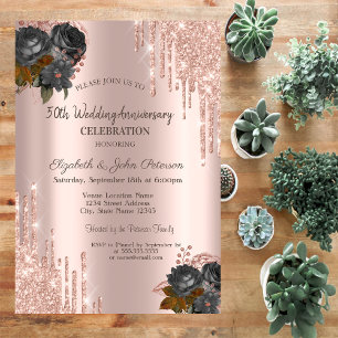 Glitter Drips Rose Gold Black Roses Wedding Invitation