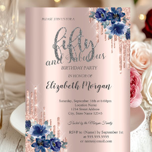 Glitter Drips Rose Gold Blue Flower 50th Birthday Invitation