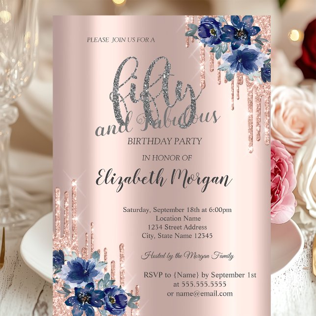Glitter Drips Rose Gold Blue Flower 50th Birthday  Invitation (Creator Uploaded)