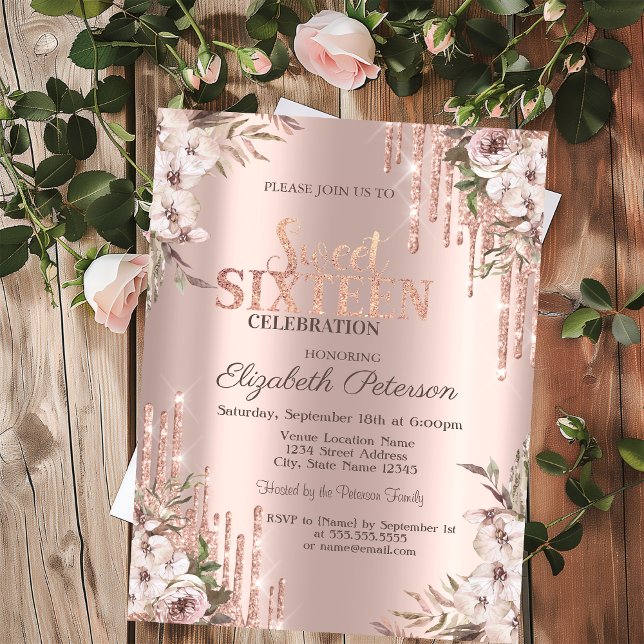 Glitter Drips Rose Gold Boho Flowers Sweet 16  Invitation (Creator Uploaded)