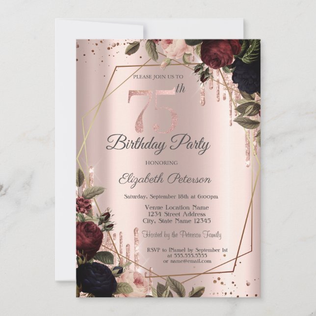  Glitter Drips Rose Gold Dark Flowers 75th  Invitation (Front)