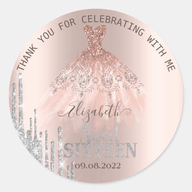  Glitter Drips Rose Gold  Dress Sweet 16   Classic Round Sticker (Front)