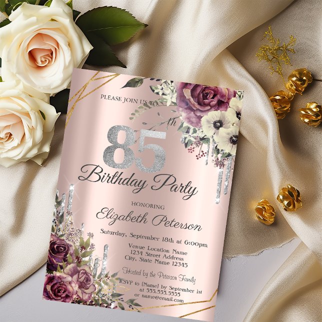 Glitter Drips Rose Gold Floral 85th Birthday  Invitation (Creator Uploaded)