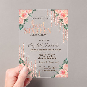 Glitter Drips Rose Gold Floral Sweet 16 Acrylic Invitations
