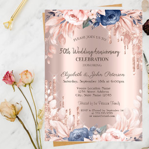 Glitter Drips Rose Gold Floral Wedding Anniversary Invitation