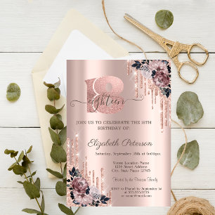 Glitter Drips Rose Gold Flowers 18th Birthday Invitation