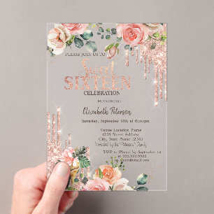 Glitter Drips Rose Gold High Heels Roses Sweet 16 Acrylic Invitations