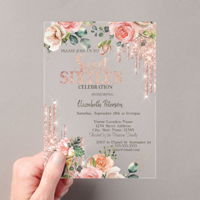 Glitter Drips Rose Gold High Heels Roses Sweet 16  Acrylic Invitations (Insitu (Handheld))