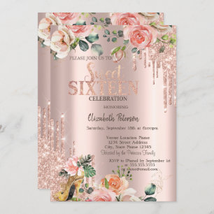 Glitter Drips Rose Gold High Heels Roses Sweet 16  Invitation
