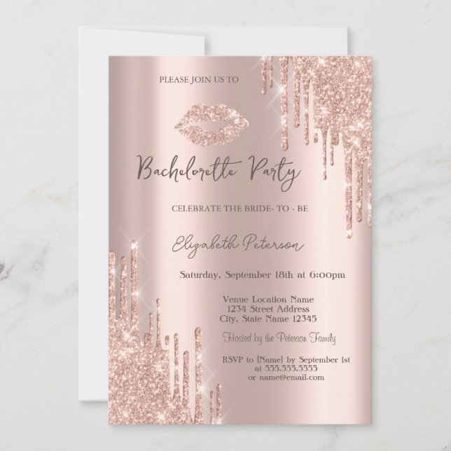 Glitter Drips Rose Gold Lips Bachelorette Party Invitation (Front)