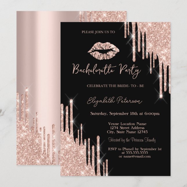 Glitter Drips Rose Gold Lips Black Invitation (Front/Back)