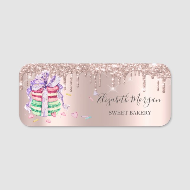Glitter Drips,Rose Gold Macarons Name Tag (Front)