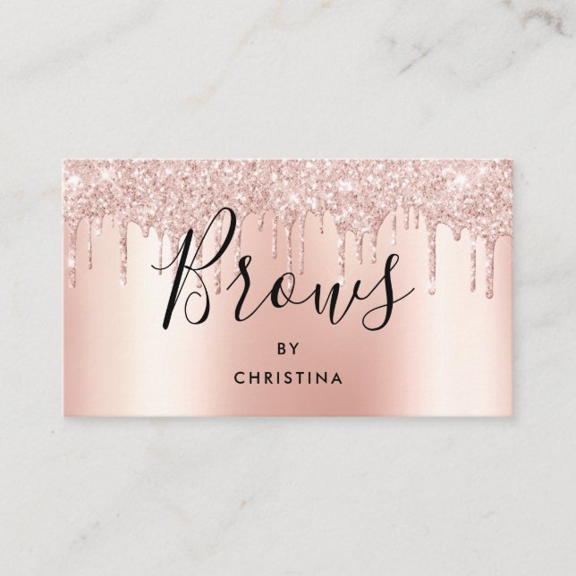 Glitter drips rose gold metallic elegant brows business card (Front)