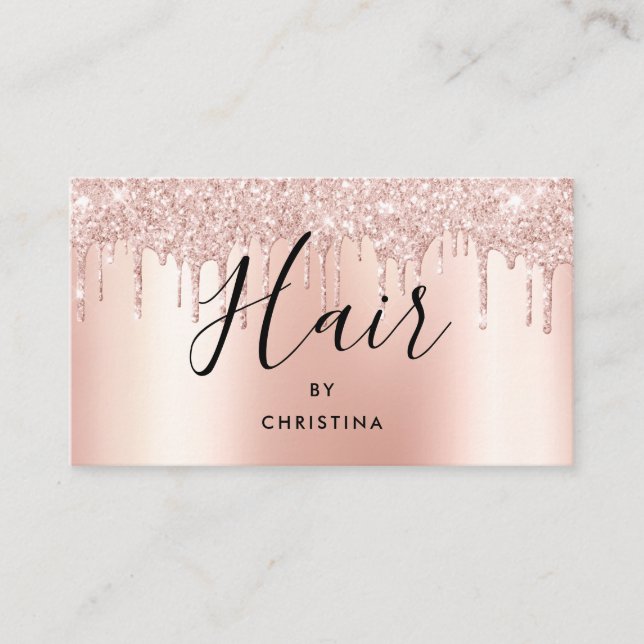 Glitter drips rose gold metallic hair stylist business card (Front)
