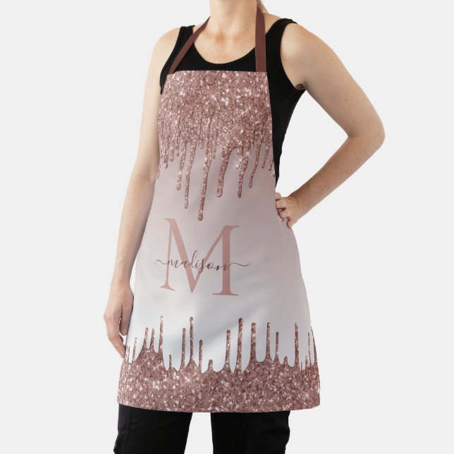 Glitter Drips Rose Gold Monogram Elegant Script Apron (Insitu)