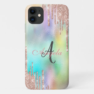 Glitter Drips Rose Gold,Monogram Holographic iPhone 11 Case