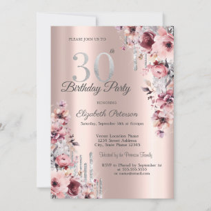 Glitter Drips Rose Gold Pink Floral 30th Birthday  Invitation