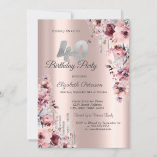 Glitter Drips Rose Gold Pink Floral 40th Birthday Invitation