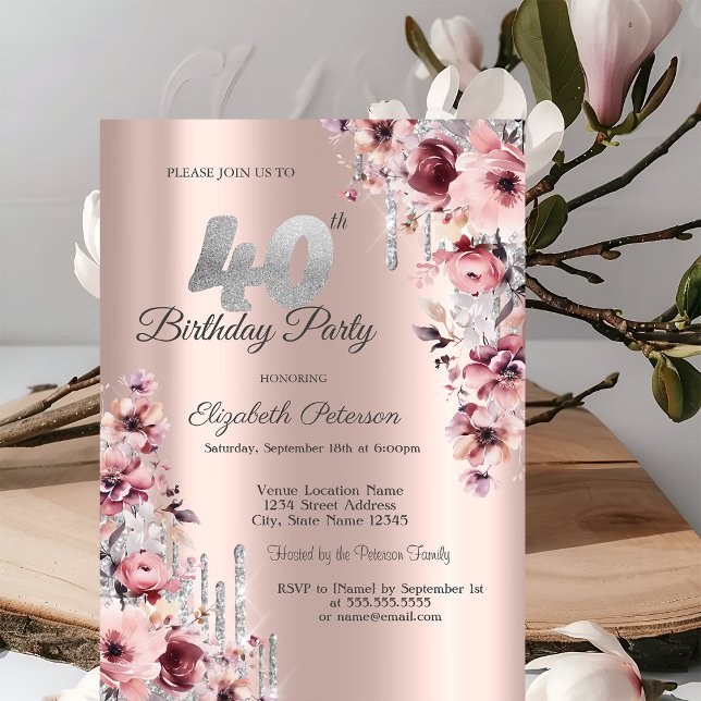 Glitter Drips Rose Gold Pink Floral 40th Birthday Invitation (Creator Uploaded)