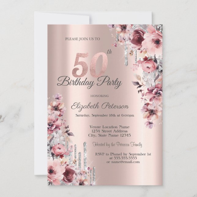 Glitter Drips Rose Gold Pink Floral 50th Birthday Invitation (Front)